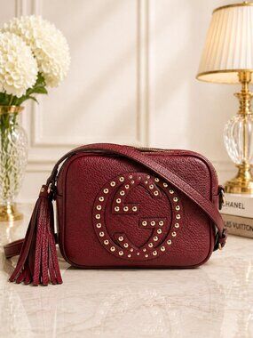 Authentic Gucci Soho Disco Studded Crossbody Bag Red Leather Small Camera Bag